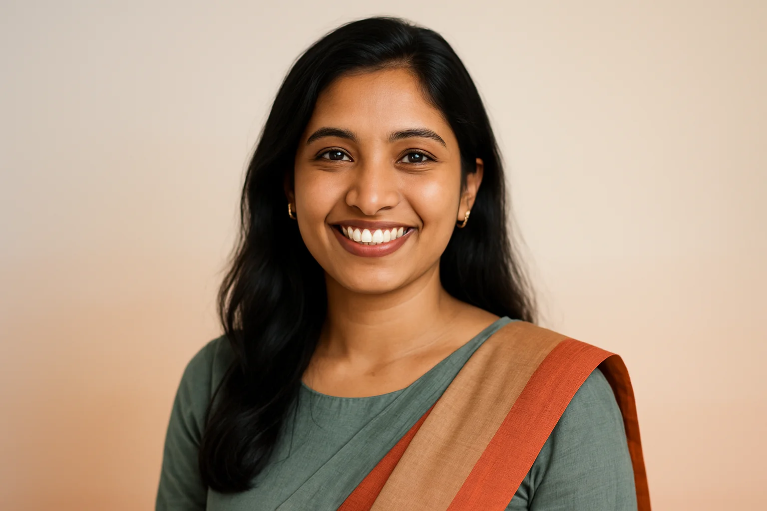 High-resolution portrait of happy Bangladeshi woman in modern dress on gradient background