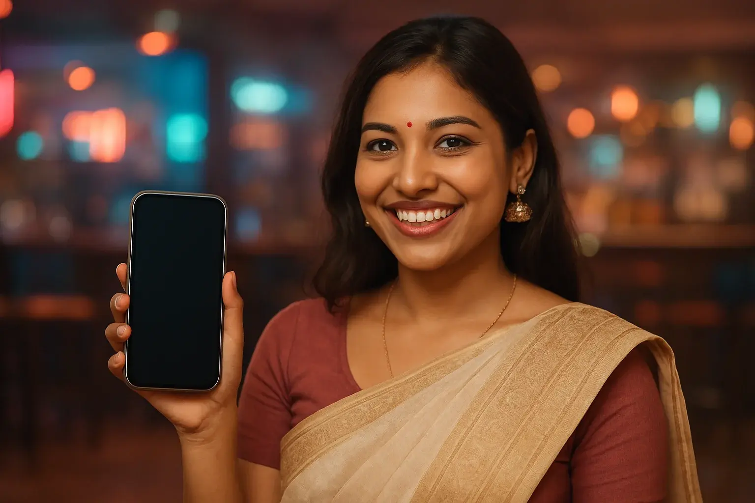 Joyful Bangladeshi woman holding phone with blank screen in neon casino bar