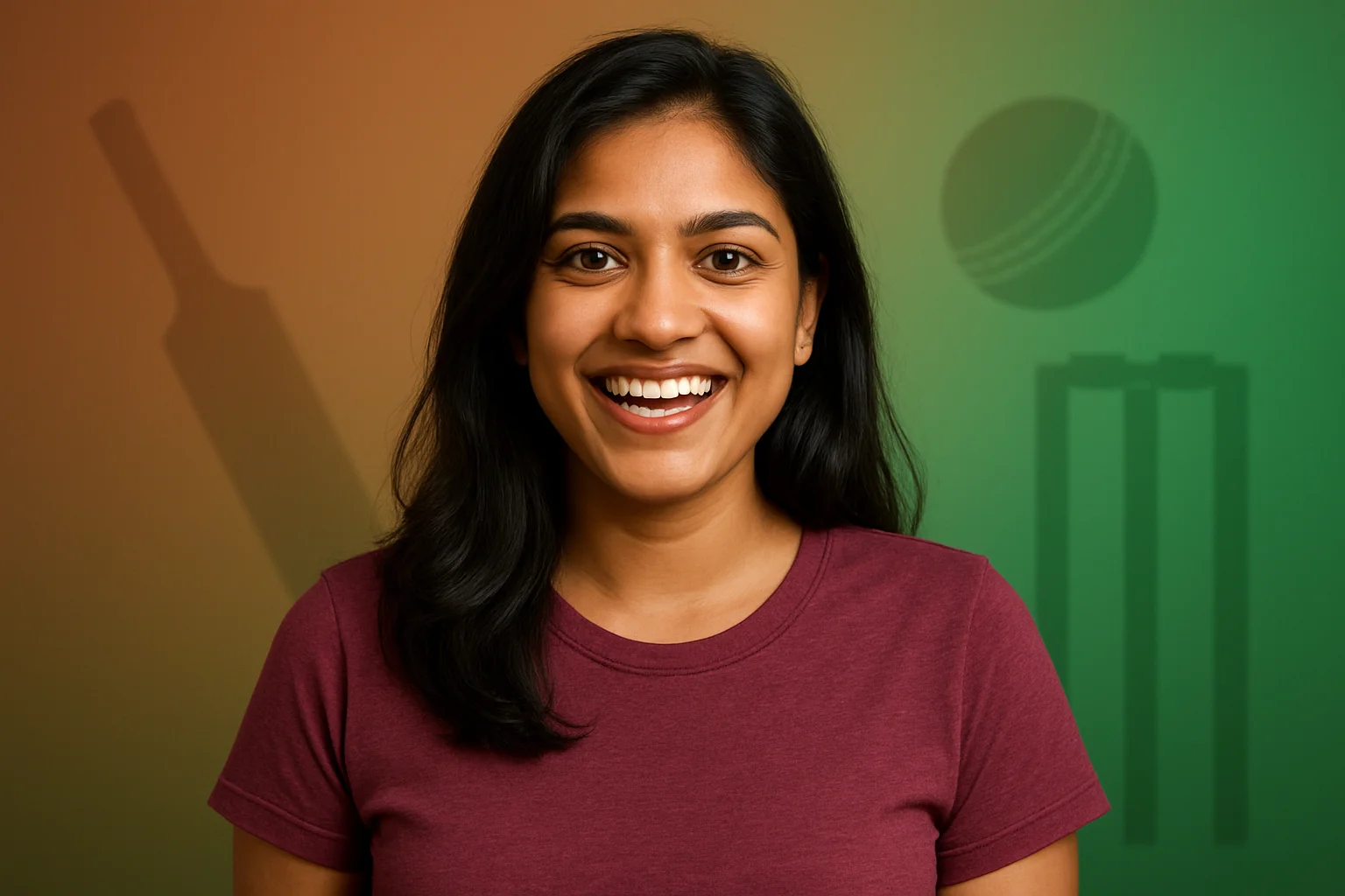 High-resolution portrait of excited Bangladeshi woman on cricket-themed gradient background