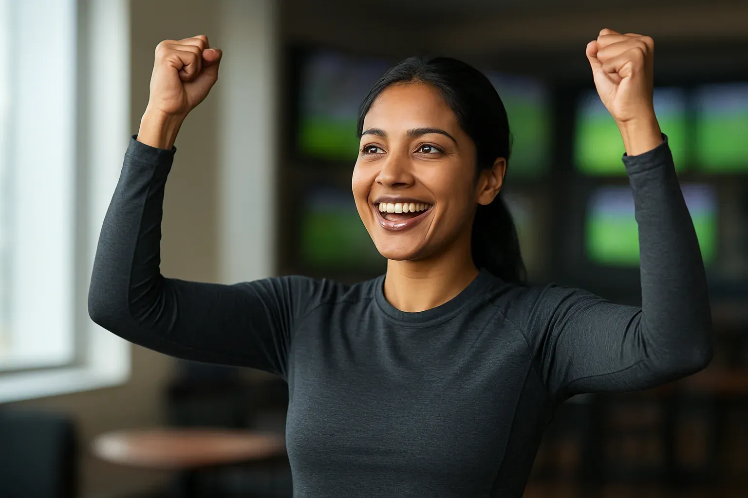 Joyful Bangladeshi woman in modern sportswear celebrating with arms raised