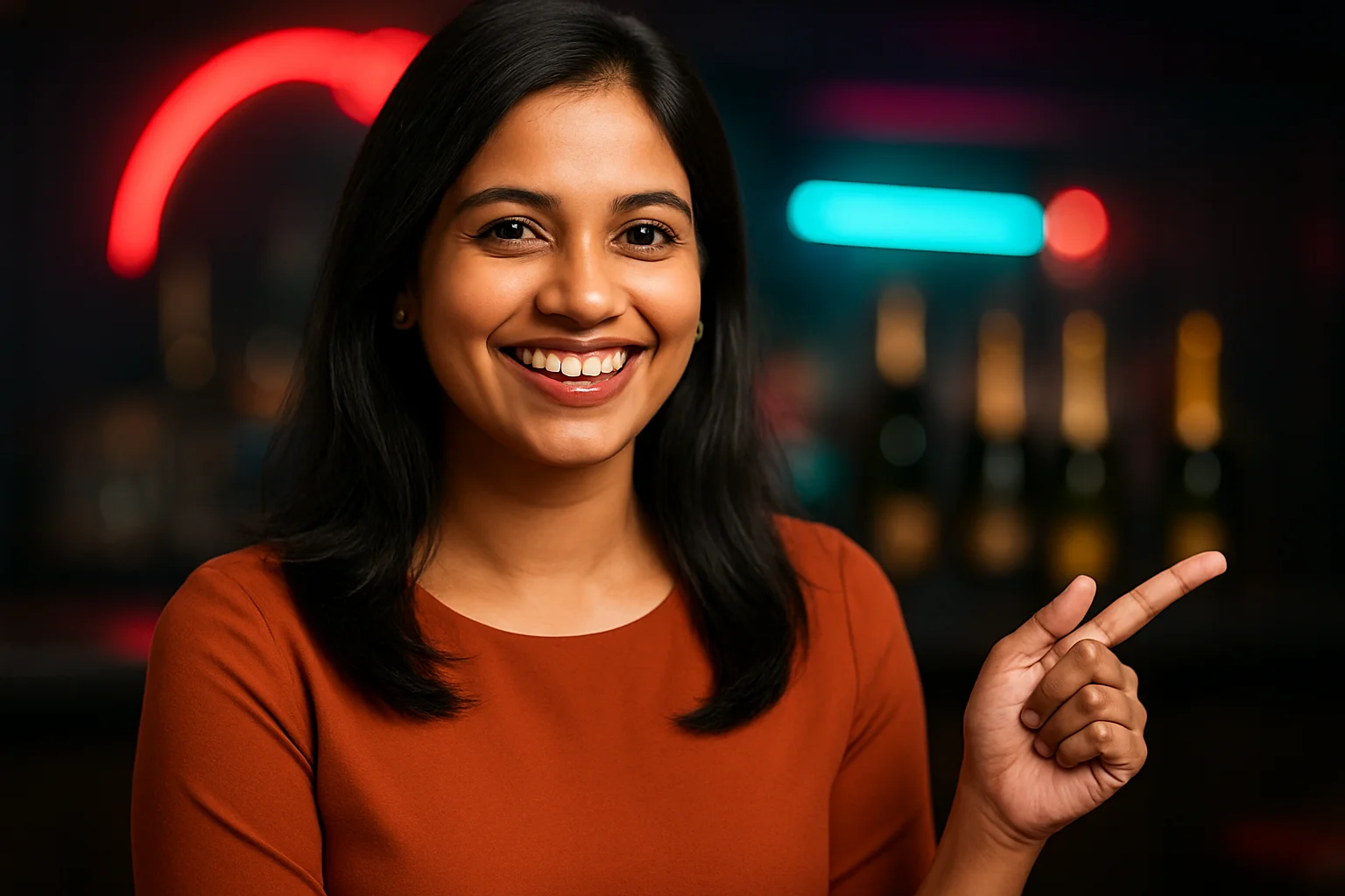 Happy Bangladeshi woman pointing at win in blurred casino bar