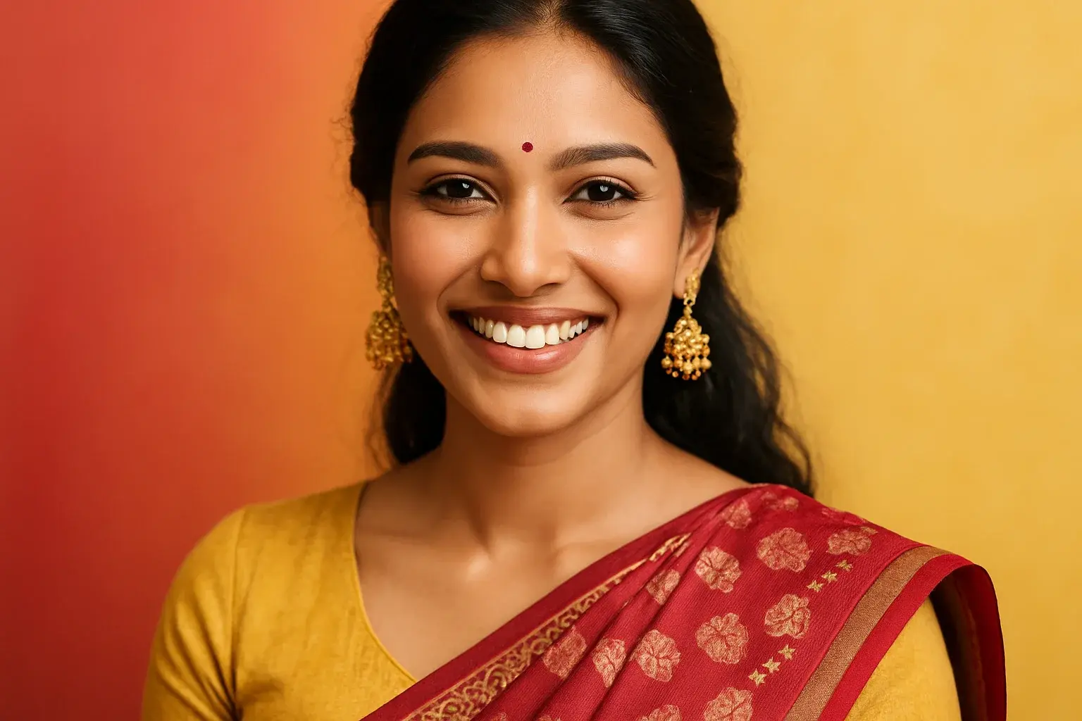 High-resolution portrait of happy Bangladeshi woman in modern fusion wear