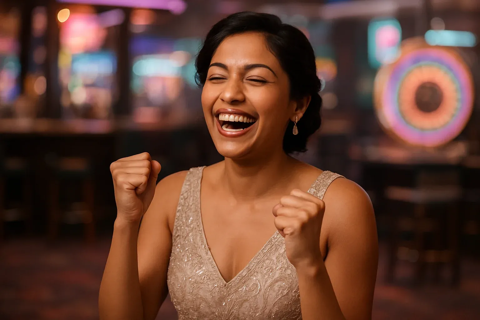 Joyful Bangladeshi woman laughing in evening dress, victory pose at casino bar