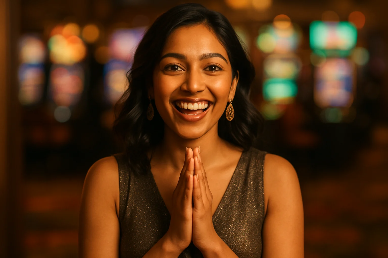 Joyful Bangladeshi woman celebrating in evening dress at blurred casino bar