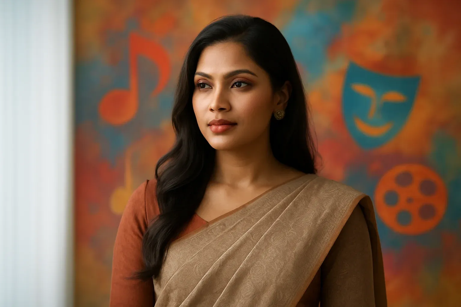 High-resolution portrait of Bangladeshi woman in modern traditional wear, colorful entertainment background
