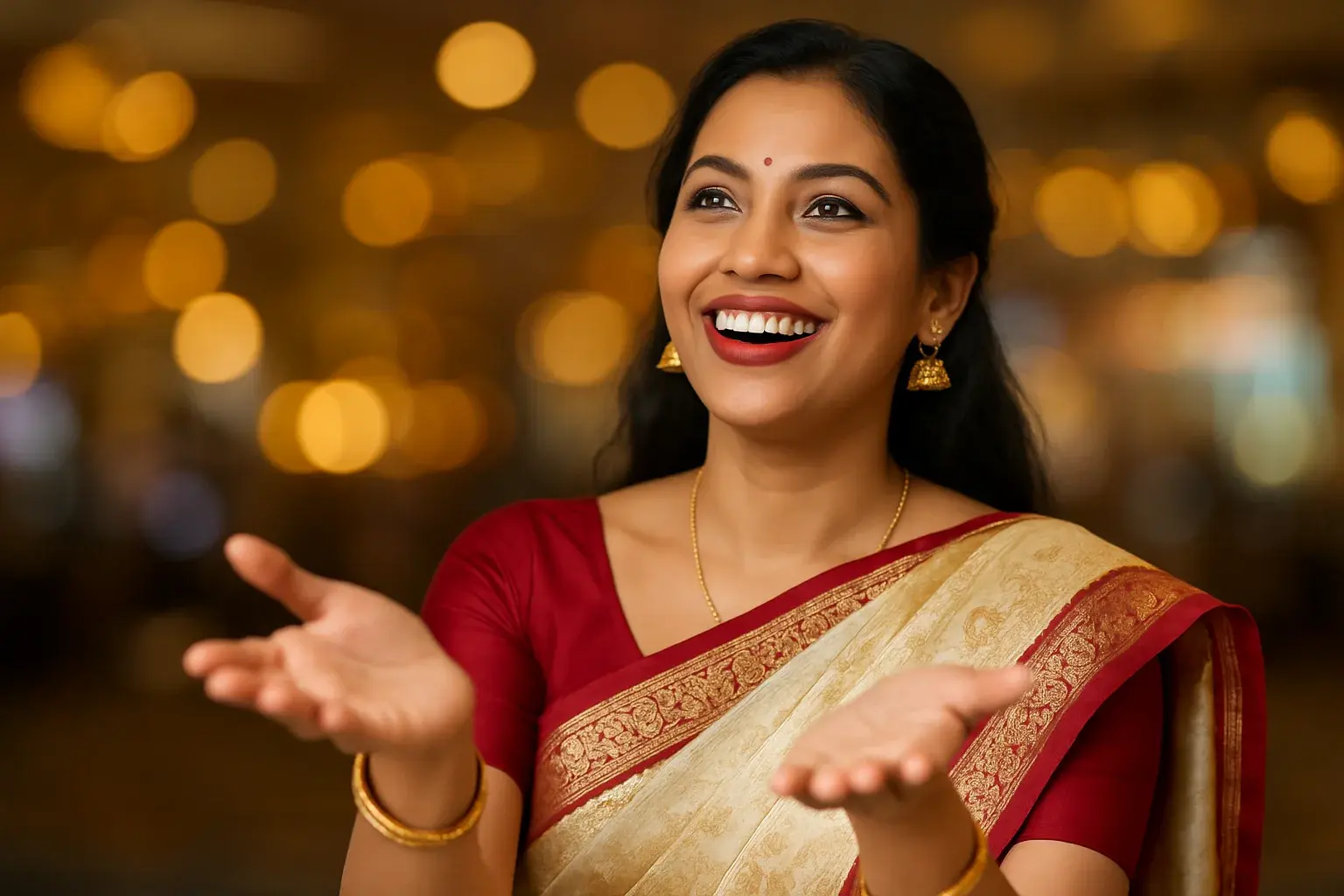 Happy Bangladeshi woman in elegant saree catching imaginary coins in casino