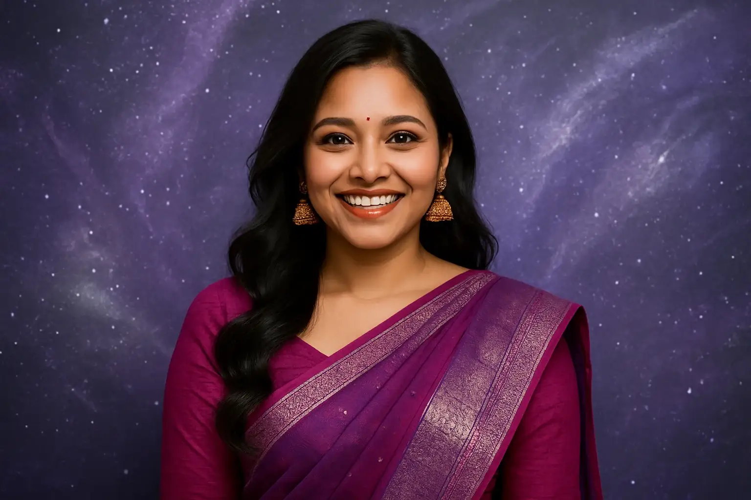 Happy Bangladeshi woman in modern traditional wear on purple silver sci-fi background